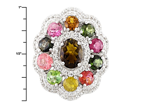 3.25ctw Oval And Round Multi-Tourmaline With 1.00ctw Round White Zircon Sterling Silver Ring - Size 5