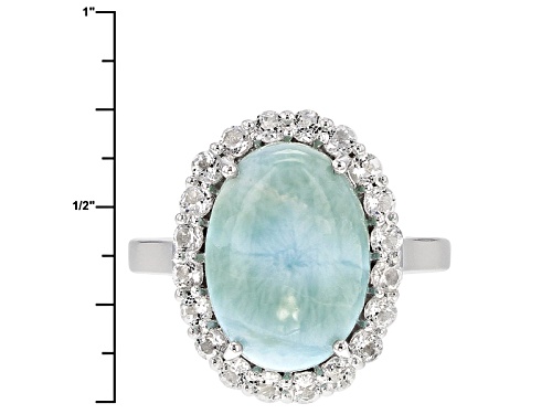 14x10mm Oval Cabochon Larimar With 1.00ctw Round White Topaz Sterling Silver Ring - Size 12