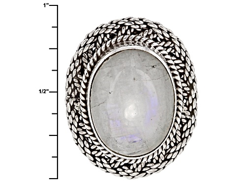 16x12mm Oval Cabochon Rainbow Moonstone Solitaire Sterling Silver Ring - Size 6