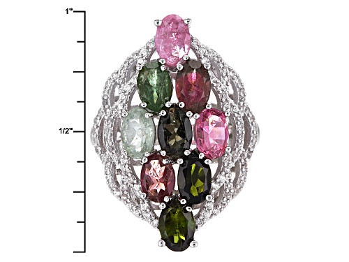 3.50ctw Oval Multi-Tourmaline With .70ctw Round White Zircon Sterling Silver Cluster Ring - Size 5