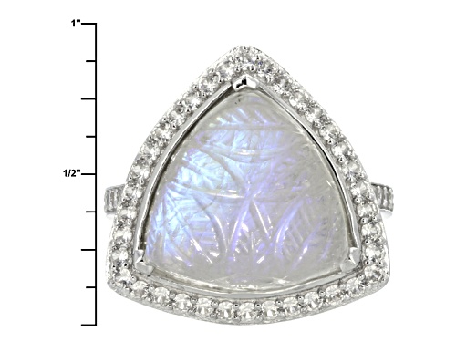 15.50mm Trillion Carved Floral Rainbow Moonstone And 1.02ctw Round White Zircon Sterling Silver Ring - Size 5