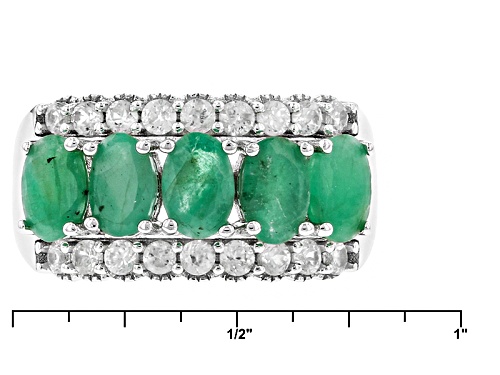 1.90ctw Oval Sakota Emerald With .70ctw Round White Zircon Rhodium Over Silver 5-Stone Band Ring - Size 6
