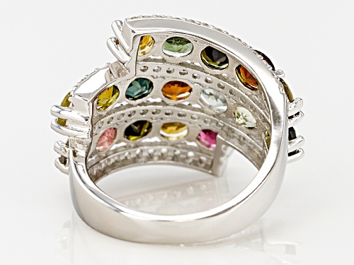 4.08ctw Round Multicolor Tourmaline W/ .86ctw Round White Zircon Sterling Silver Cluster Ring - Size 5