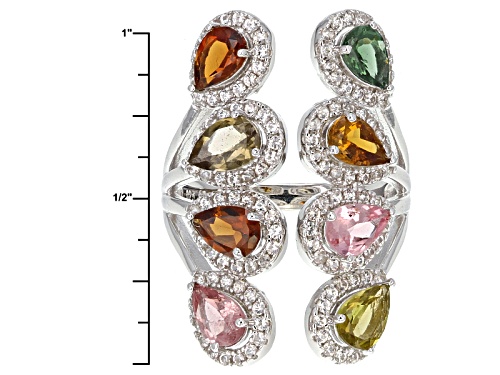 2.86ctw Pear Shape Multi Tourmaline And 1.25ctw White Zircon Sterling Silver Ring. - Size 5