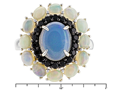 2.80ctw Oval Cabochon Ethiopian Opal And .35ctw Round Black Spinel Sterling Silver Ring - Size 11