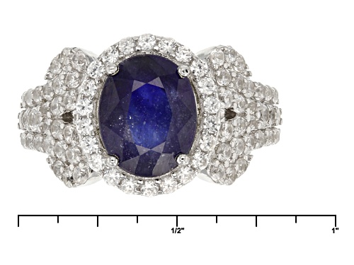 3.10ct Oval Mahaleo® Blue Sapphire And 1.80ctw Round White Zircon Sterling Silver Ring - Size 8