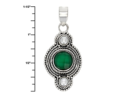 3.00ct Round Green Onyx And Cultured Fresh Water Pearl Sterling Silver Pendant With Chain