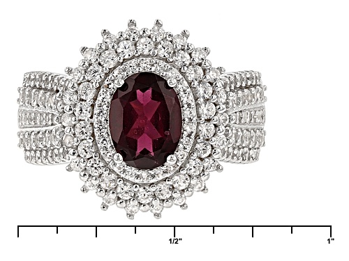 1.50ct Oval Raspberry Color Rhodolite And 1.90ctw Round White Zircon Sterling Silver Ring - Size 12
