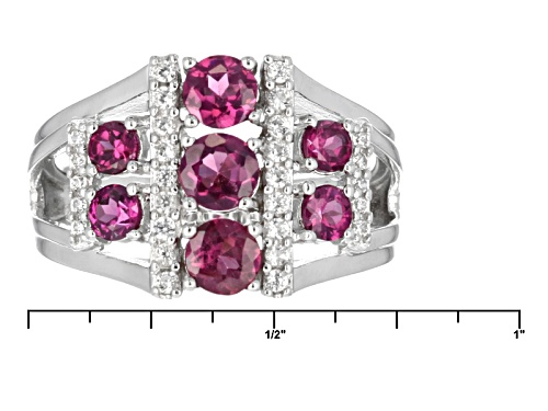1.38ctw Round raspberry color Rhodolite And .26ctw Round White Zircon Sterling Silver Ring - Size 8