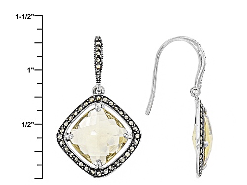 6.72ctw Square Cushion Champagne Quartz And Round Marcasite Sterling Silver Dangle Earrings