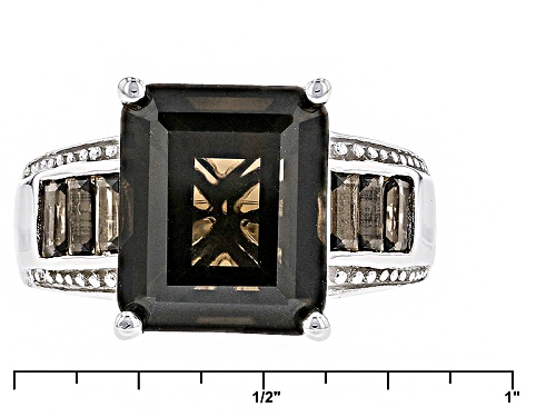 6.58ctw Emerald Cut And Baguette Smoky Quartz Rhodium Over Sterling Silver Ring - Size 7