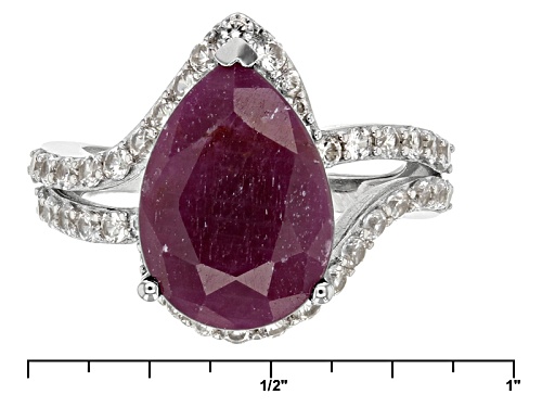 5.84ct Pear Shape Indian Ruby And 1.06ctw Round White Zircon Sterling Silver Ring - Size 11