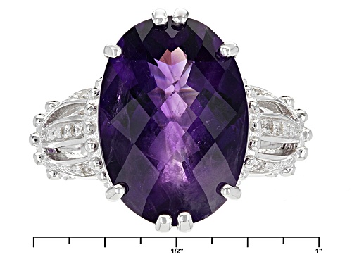 10.20ct Oval Checkerboard Cut African Amethyst With .06ctw Round White Zircon Sterling Silver Ring - Size 5