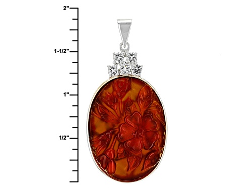 30x22mm Oval Orange Carved Carnelian And .70ctw Round White Topaz Silver Floral Pendant With Chain