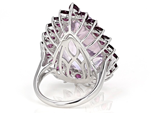 19.90ctw Pear Shape Lavender Amethyst With 4.00ctw Rhodolite Rhodium Over Sterling Silver Ring - Size 7