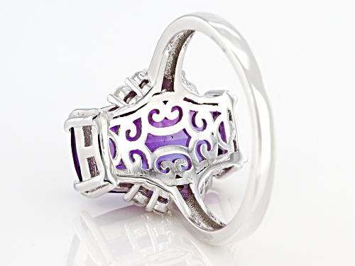 4.41ctw 15x8mm Cushion Amethyst with 0.39ctw Round White Zircon Rhodium Over Sterling Silver Ring - Size 7