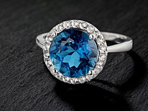 3.50CT Round London Blue Topaz with 0.30ctw White Topaz Rhodium Over Silver Halo Ring - Size 8