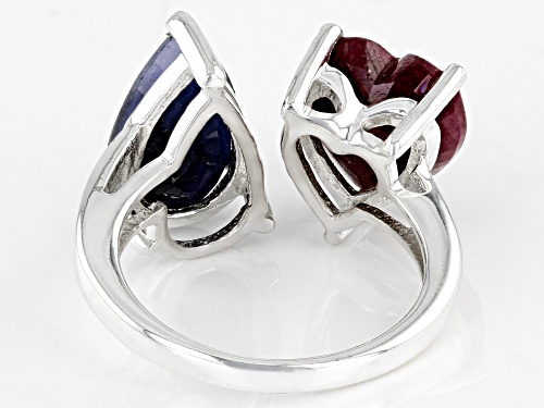 2.00ct Heart Shaped Ruby with 3.25ct Pear Shaped Blue Sapphire Sterling Silver Ring - Size 8
