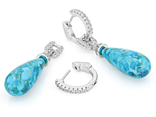 25x10mm Blue Turquoise With 1.68ctw White Zircon Rhodium Over Sterling Silver Earrings