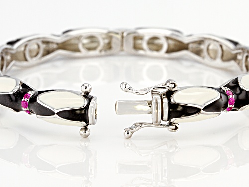 0.32ctw Lab Created Ruby Black And White Enamel Rhodium Over Sterling Silver Bangle Bracelet