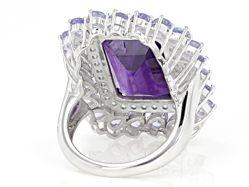 11.50ct Amethyst With 3.10ctw Tanzanite And 0.68ctw White Zircon Rhodium Over Sterling Silver Ring - Size 7