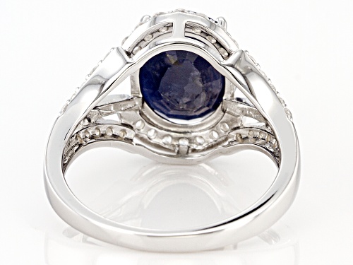 3.75ct Oval  Blue Sapphire With 0.60ctw Round White Zircon Rhodium Over Sterling Silver Ring - Size 8