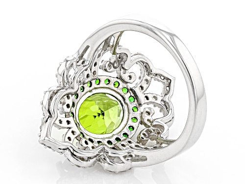 3.36ctw Peridot, Chrome Diopside and White Zircon Rhodium Over Silver Ring - Size 7