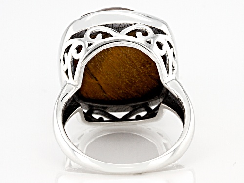 16mm Cushion Tigers Eye Rhodium Over Sterling Silver Craved Flower Ring - Size 10