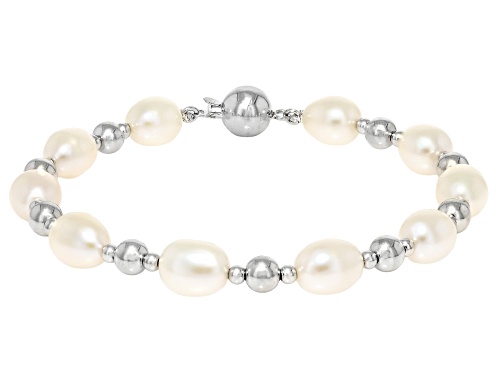 7mm White Cultured Freshwater Pearl Rhodium Over Sterling Silver Necklace, Bracelet, And Earring Set