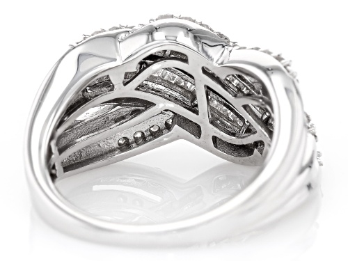 0.90ctw Round And Baguette White Diamond Rhodium Over Sterling Silver Crossover Ring - Size 8