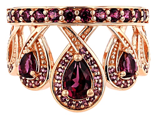 1.45CTW PEAR SHAPE AND ROUND RASPBERRY COLOR RHODOLITE 18K ROSE GOLD OVER SILVER CROWN RING - Size 6