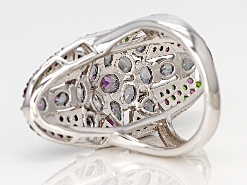 4.16CTW MYSTIC FIRE® GREEN TOPAZ, RHODOLITE AND CHROME DIOPSIDE RHODIUM OVER SILVER RING - Size 8