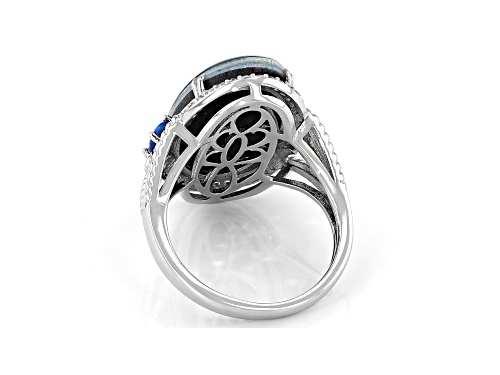 Mosaic Opal Triplet with Lab Blue Opal & 0.11ctw Lab White Sapphire Rhodium Over Silver Ring - Size 7