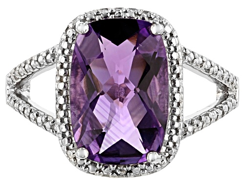 3.82ct cushion Brazilian Amethyst with .01ct White Single Diamond Accent Rhodium Over  Silver Ring - Size 7