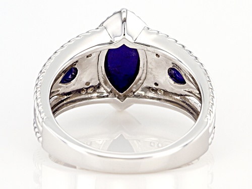 12x7mm Marquise And 6x4mm Pear Shape Lapis Lazuli With .09ctw White Zircon Rhodium Over Silver Ring - Size 7