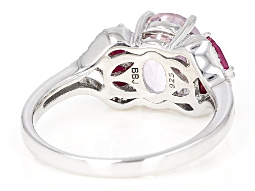 1.98ct Oval Kunzite, .68ctw Pear Shape Ruby & .20ctw Round White Zircon Rhodium Over Silver Ring - Size 8