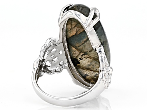 30x12mm Oval Cabochon Labradorite Rhodium Over Sterling Silver Solitaire Ring - Size 7