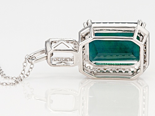 12.39ct Emerald Cut Teal Fluorite With .79ctw Round White Zircon Sterling Silver Pendant With Chain