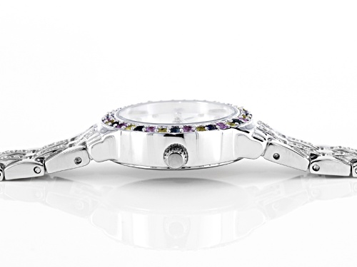 Facets Of Time ™ 2.4ctw Blue Pink And Yellow Sapphire And White Zircon Sterling White Watch