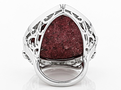 34X27MM PEAR SHAPE THULITE SOLITAIRE RHODIUM OVER STERLING SILVER RING - Size 6