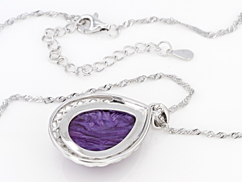 20x15mm Pear Shape Cabochon Purple Charoite Rhodium Over Silver Solitaire Pendant With Chain