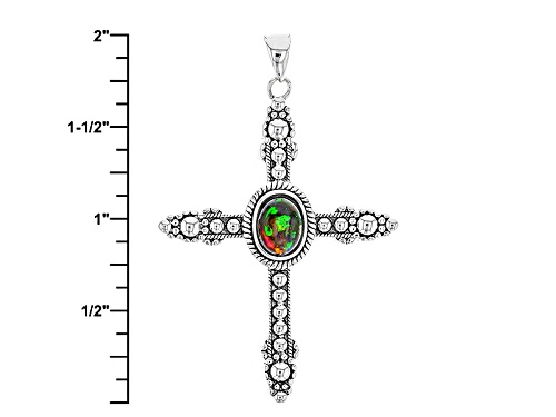 .60ct Oval Cabochon Ethiopian Black Opal Sterling Silver Cross Pendant With Chain