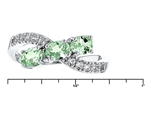 1.02ctw Oval Mint Tsavorite And .26ctw Round White Zircon Sterling Silver 3-Stone Crossover Ring - Size 7