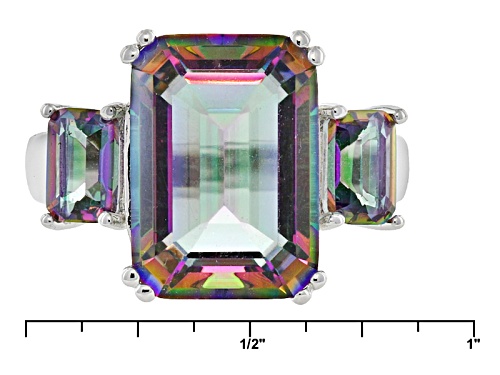 7.06ctw 14x10mm And 6x4mm Emerald Cut Multicolor Quartz Rhodium Over Sterling Silver 3-Stone Ring - Size 9