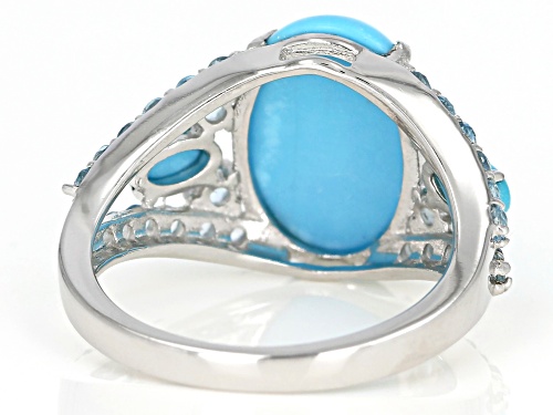 14x10mm & 5x3mm Oval Sleeping Beauty Turquoise With .75ctw Swiss Blue Topaz Rhodium Over Silver Ring - Size 8