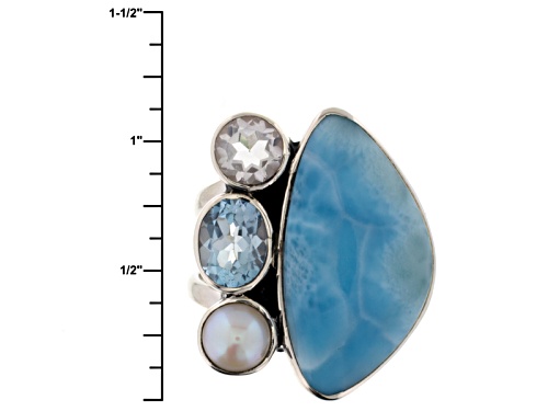 Artisan Collection Of India, Larimar, Cultured Freshwater Pearl And 2.84ctw Multi-Gem Silver Ring - Size 5