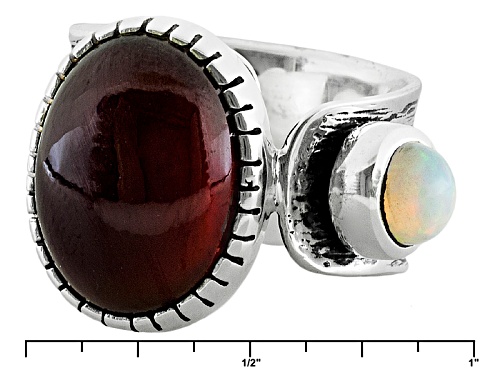 Artisan Gem Collection Of India, 16x12mm Cabochon Hessonite And .32ct Ethiopian Opal Silver Ring - Size 6