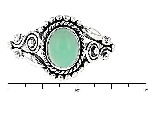 Artisan Gem Collection Of India, 8x6mm Oval Cabochon Serbian Green Opal Silver Solitaire Ring - Size 12
