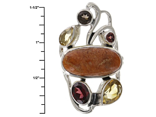 Artisan Gem Collection Of India, Sponge Coral, 4.30ctw Smoky Quartz, Citrine, And Garnet Silver Ring - Size 6