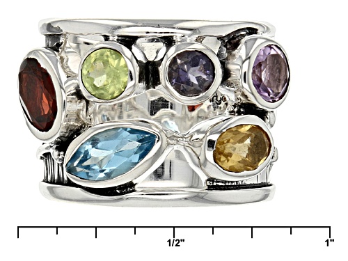 Artisan Gem Collection Of India, 2.18ctw Mixed Shapes Multi-Gemstone Sterling Silver Band Ring - Size 7